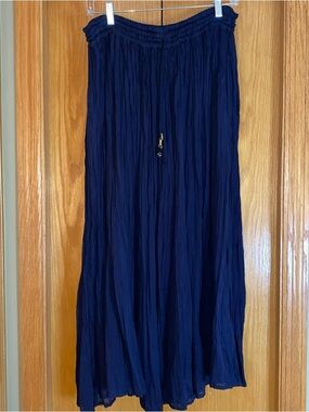 VTG B. Bronson Maxi Skirt Large Navy Broomstick Crinkle Boho Festival Pull On